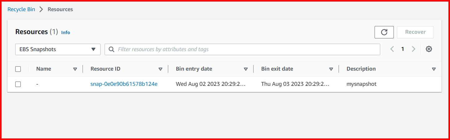 Picture showing the EBS snapshot in recycle bin after deletion